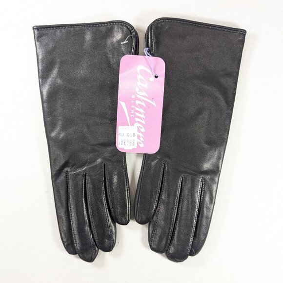 Vintage size 7 EATON Black leather gloves cashmere blend lining NOS - Picture 1 of 10